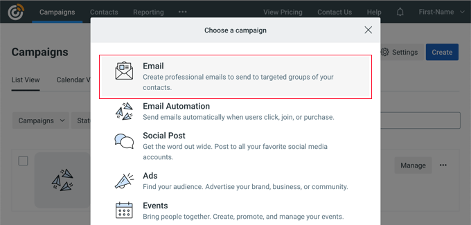 Select Email Campaign Type