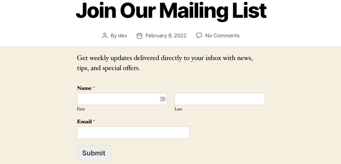 Newsletter Signup Form in a WordPress Post