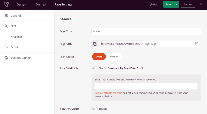SeedProd Page Settings