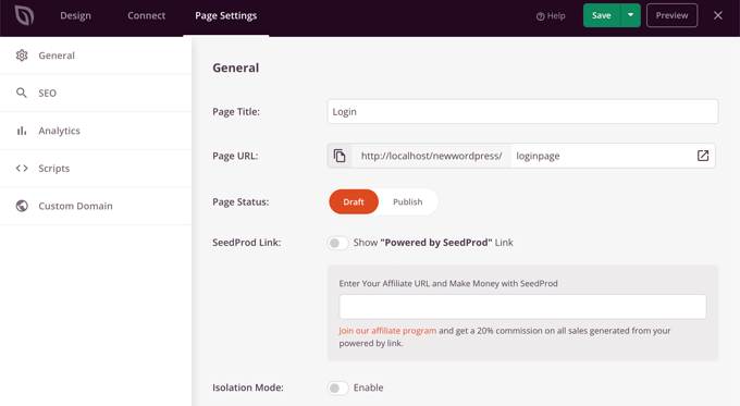 SeedProd page settings