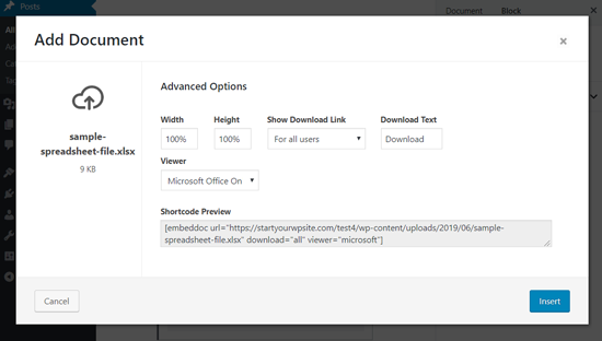 Add Spreadsheet Advanced Options