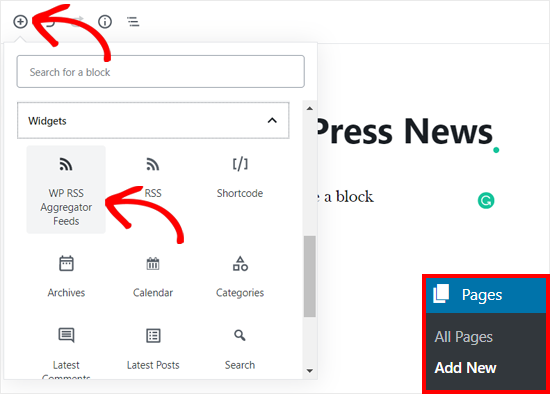 Add WP RSS Aggregator Block in WordPress Page