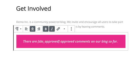 Paragraph block with comment count shortcode inside it
