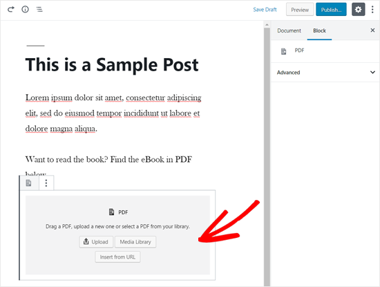 Блок PDF добавлен в редактор WordPress