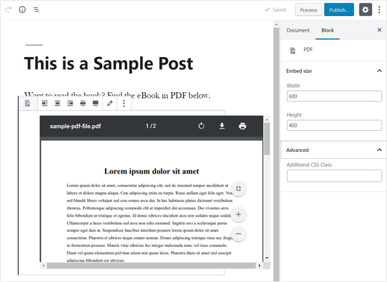 PDF eingebettet in WordPress Post Editor