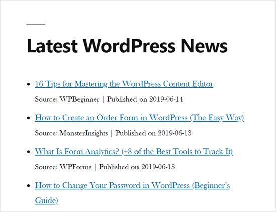 RSS лента новостей в демо-версии сайта WordPress
