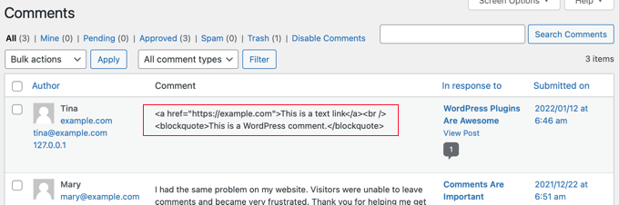 Запретить ссылки в комментариях, отключив HTML