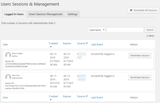 WP Security Audit Log Plugin logged in users