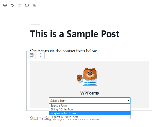 Blocco WPForms per WordPress Editor