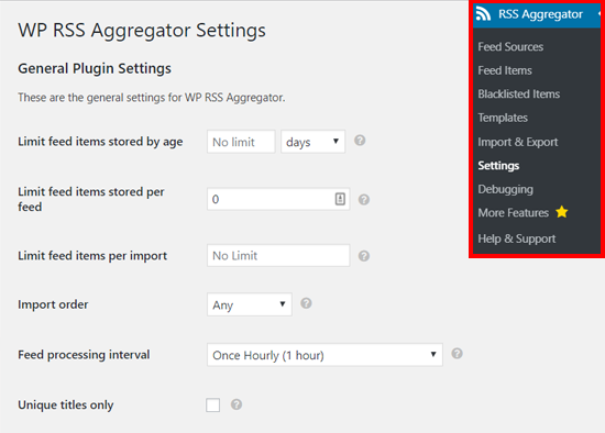 WP RSS Aggregator Settings