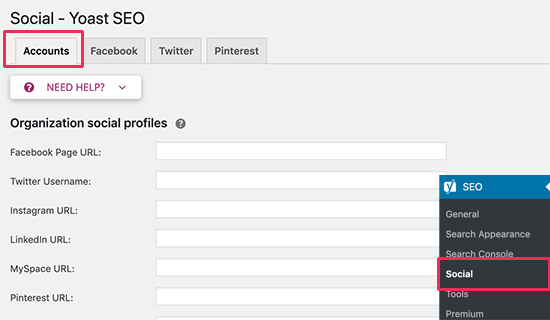 Add social accounts in Yoast SEO