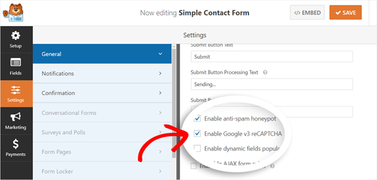 Enable Google v3 reCAPTCHA in WPForms