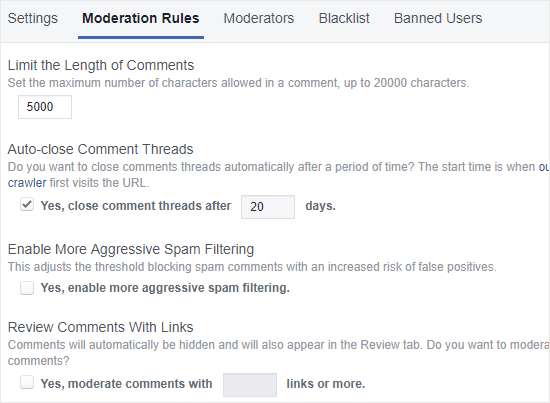 FB Comments moderation rules