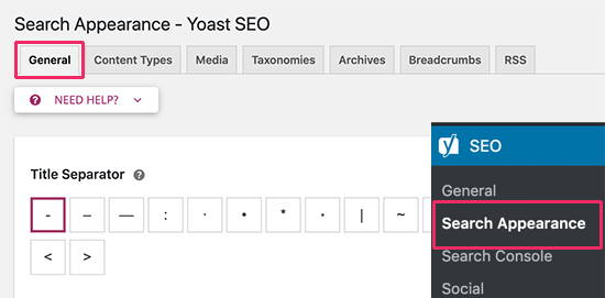 Yoast SEO’da görünüm ayarlarında arama yapın