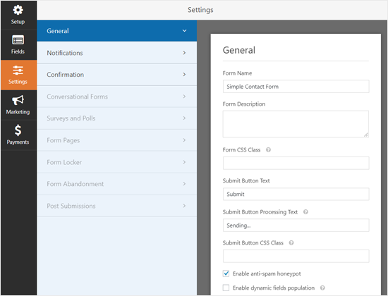 WPForms General Settings