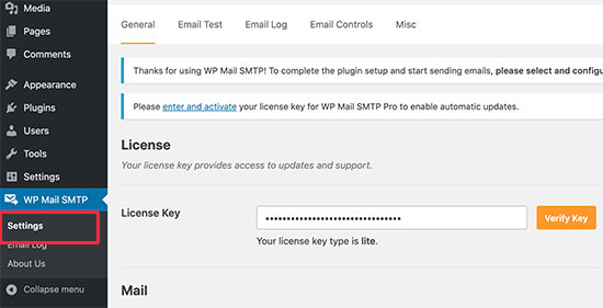 WP Mail SMTP settings 