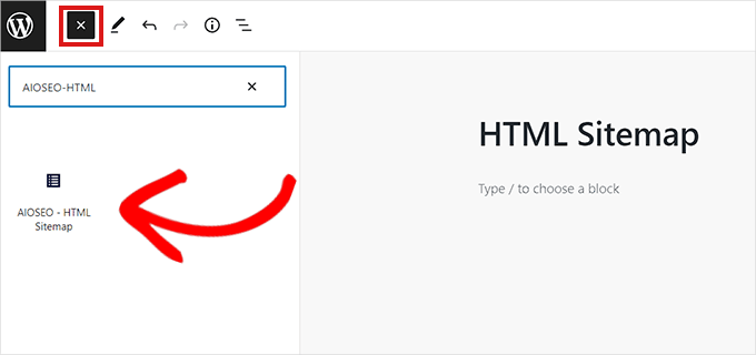 Добавьте блок карты сайта AIOSEO-HTML на свою страницу.