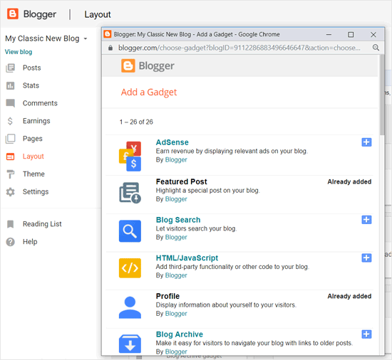 Adding Blogger Gadgets