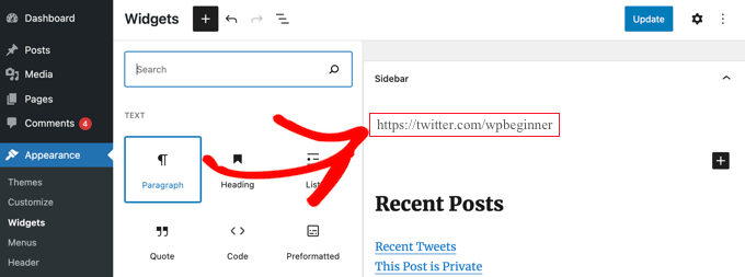 Вставить URL профиля Twitter в виджет параграфа WordPress