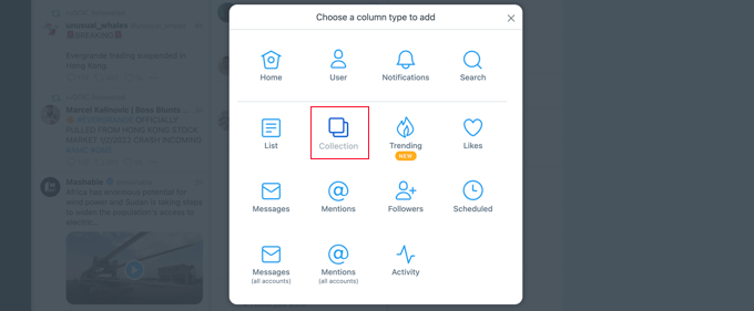 Choose Collection Option in TweetDeck