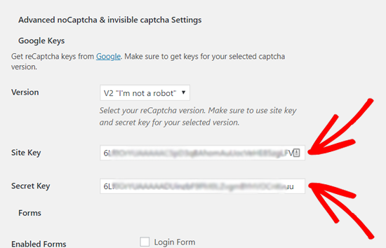 Введите ключ сайта и секретный ключ для добавления reCAPTCHA в WordPress