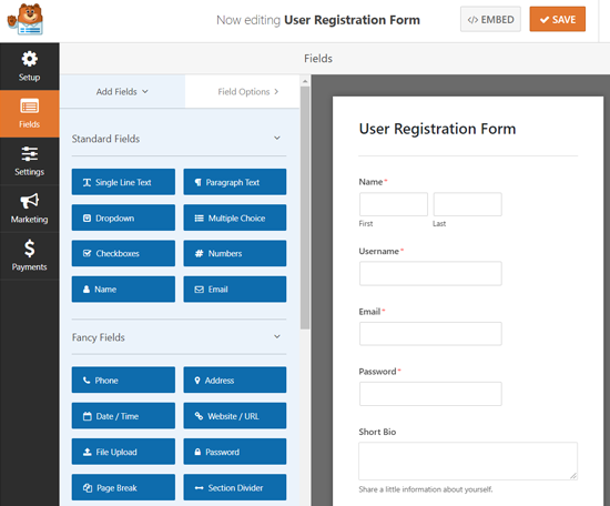 Построитель форм регистрации пользователей WPForms