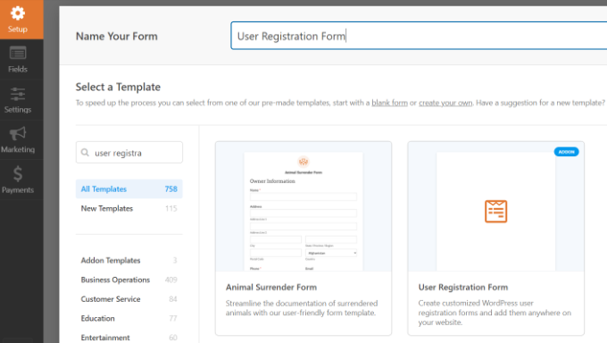 Select user registration form template