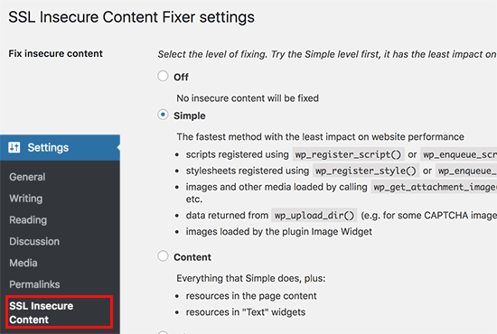 Secure Content Fixer plug-in settings