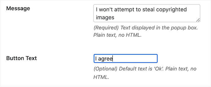 Adding a custom message to an image protection popup