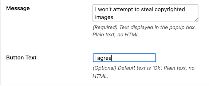 Including a custom-made message to an image security popup