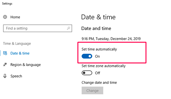 Date and time settings are turned on to automatically sync
