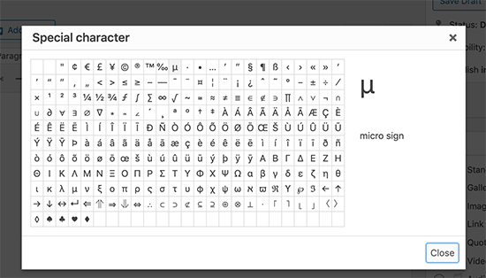 Special characters popup in old WordPress editor