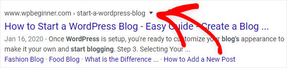a WordPress slug example shown in search results