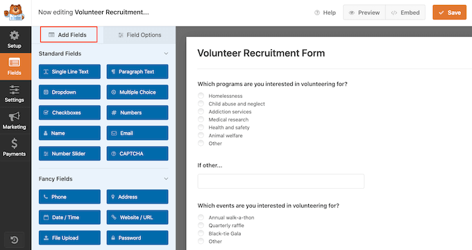 Добавление полей в форму заявления на привлечение волонтера WPForms