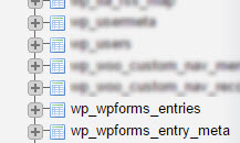 Le tabelle wp_wpforms_entries e wp_wpforms_entry_meta mostrate nell'elenco phpMyAdmin