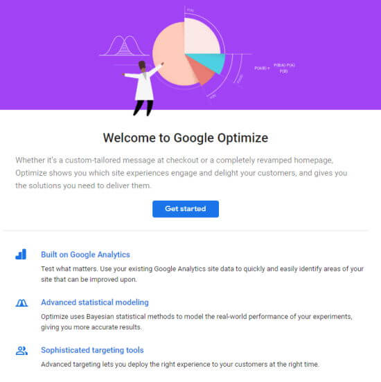 Страница приветствия для Google Optimize с кнопкой 