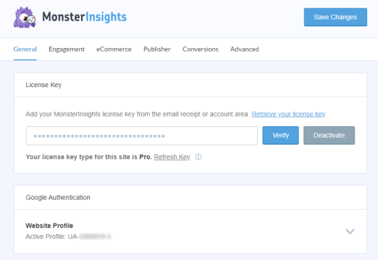 Inserisci la tua chiave di licenza MonsterInsights nella pagina Impostazioni