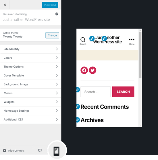 Switching to mobile view in the theme customizer