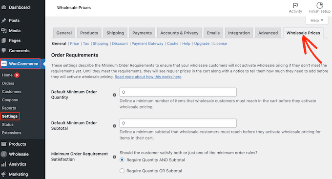 Changing the WooCommerce wholesale settings