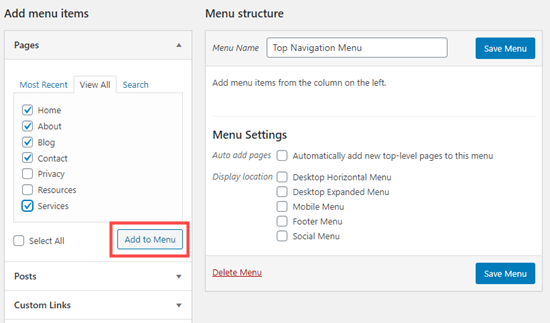 Aggiunta di elementi al menu di navigazione