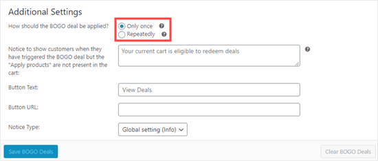 Bogo Offer Additional Settings