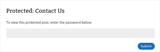The contact page now shows 'Protected: Contact Us' as the title and requires a password