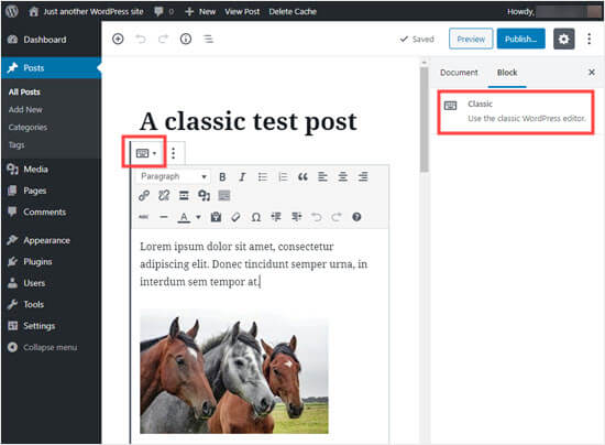 Un post che WordPress ha automaticamente convertito in un blocco classico