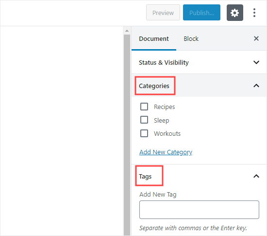 Aggiunta di categorie e tag durante la creazione di un post