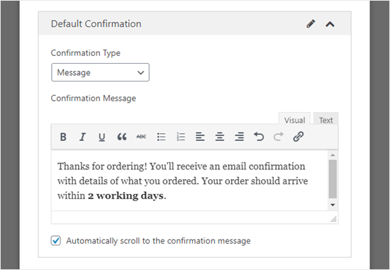 Confirmation Message Customized