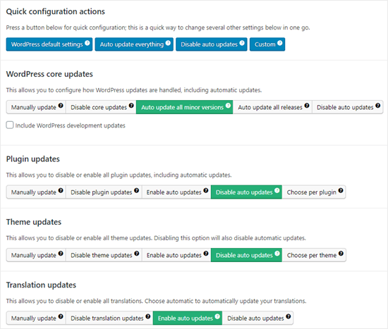 Disabilitare gli aggiornamenti automatici di plugin e temi lasciando abilitati gli aggiornamenti automatici di base minori