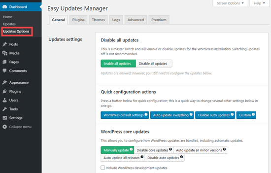 Configuration des paramètres du plugin Easy Updates Manager