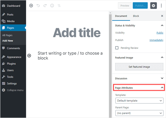 Viewing the 'Page Attributes' section in the 'Document' pane in WordPress