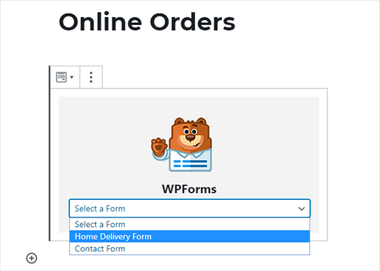 Selezione del modulo d'ordine online dall'elenco a discesa WPForms