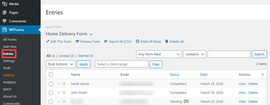 Viewing completed order forms in your WordPress dashboard